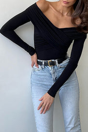 V Neck Off Shoulder Wrapped Ruched Slim Fit Bodysuit-White