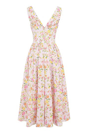 Sleeveless V Neck Cinch Waist Floral Print Midi Dresses
