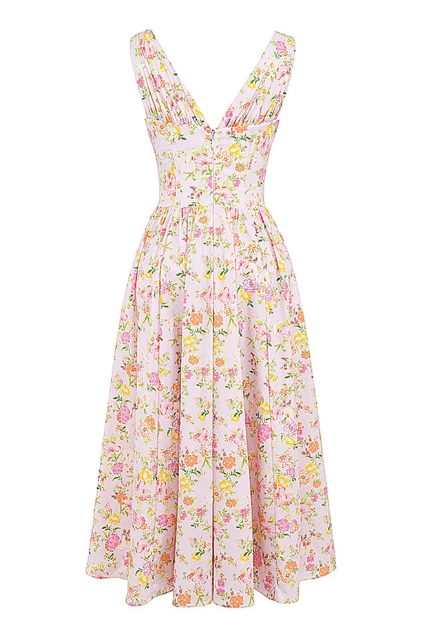 Sleeveless V Neck Cinch Waist Floral Print Midi Dresses