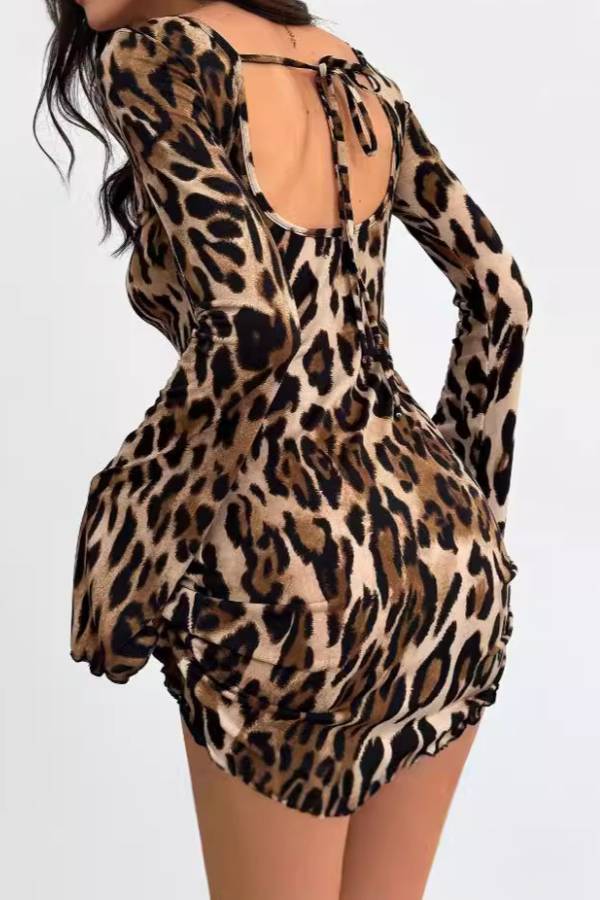 Leopard Flare Sleeve Open Back Tie Ruched Mini Dress