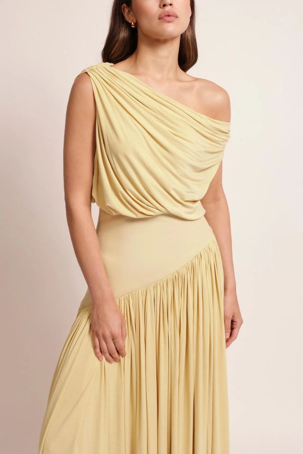 Gwen Soft Knit Fabric Off Shoulder Ruched Detail Drape Maxi Dress