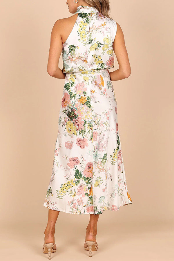 Wine Country Dates Floral Halter Neck Elastic Waist Satin Maxi Dress