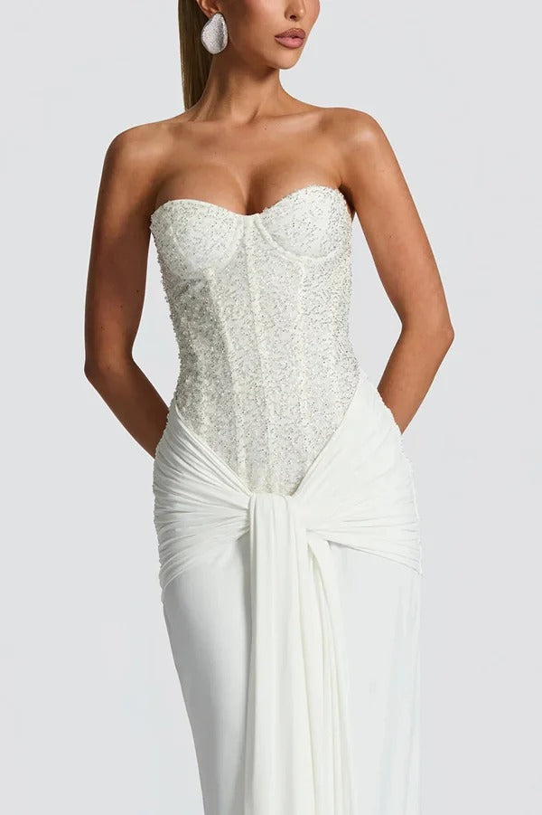 Carina Sequined and Satin Jersey Off Shoulder Ruched Knot Drape Maxi Dress