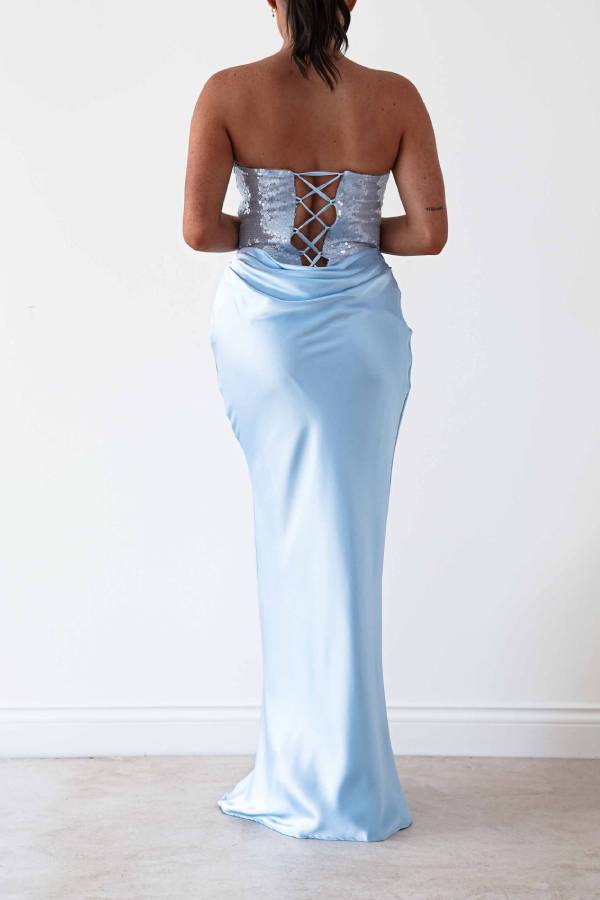 Strapless Sequin Satin Draped Mermaid Long Evening Gown