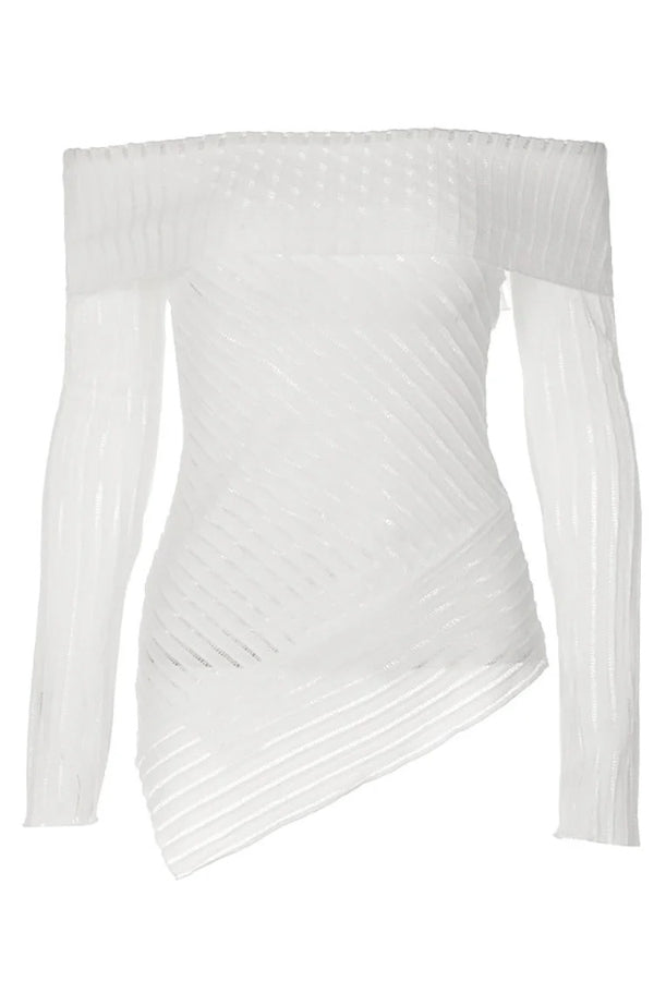 Knit White Off Shoulder Backless Long Sleeve Seam Irregular Hem Top