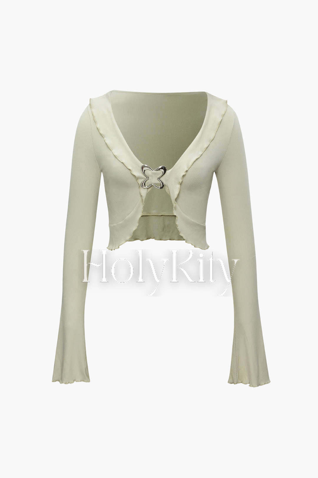 Crop Top mit V-Ausschnitt, Rüschen und Glockenärmeln 