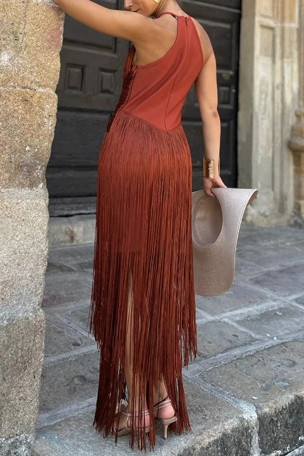 Fashion Sleeveless Halter Neck Elegant Tassel Slim Maxi Dress