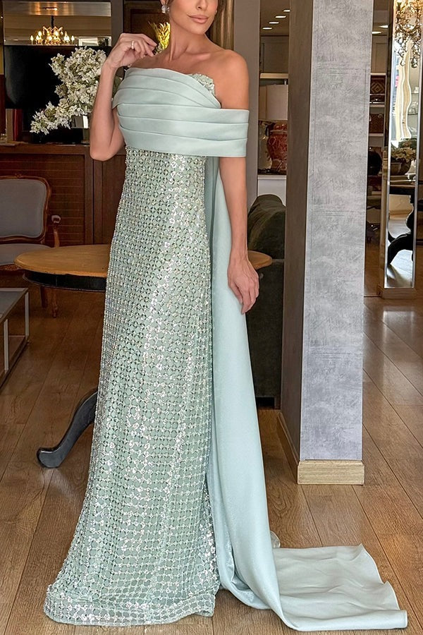 Lauren Satin and Sequin Embroidered Fabric Off Shoulder Shawl Maxi Dress