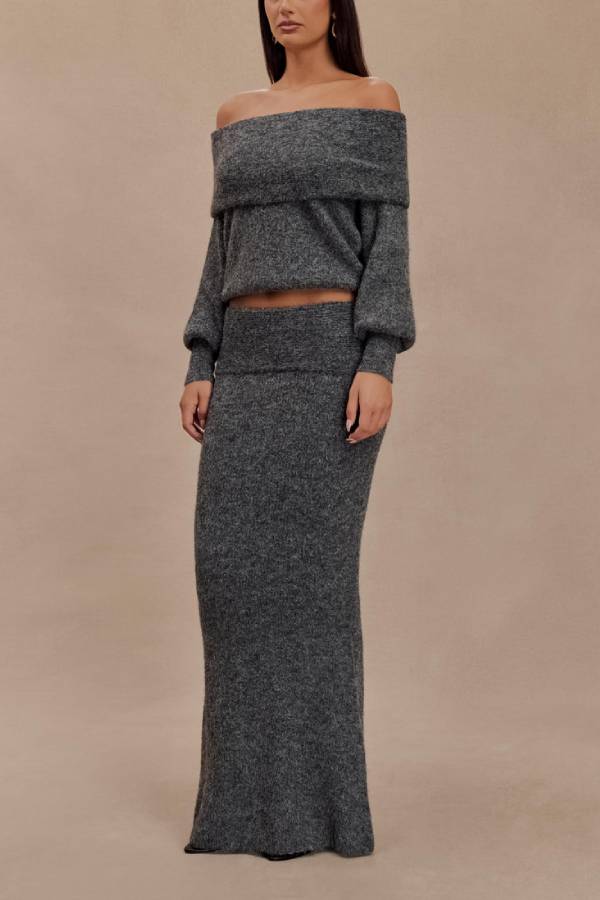 Charlotte Knit Ribbed Waist Fishtail Stretch Maxi Skirt