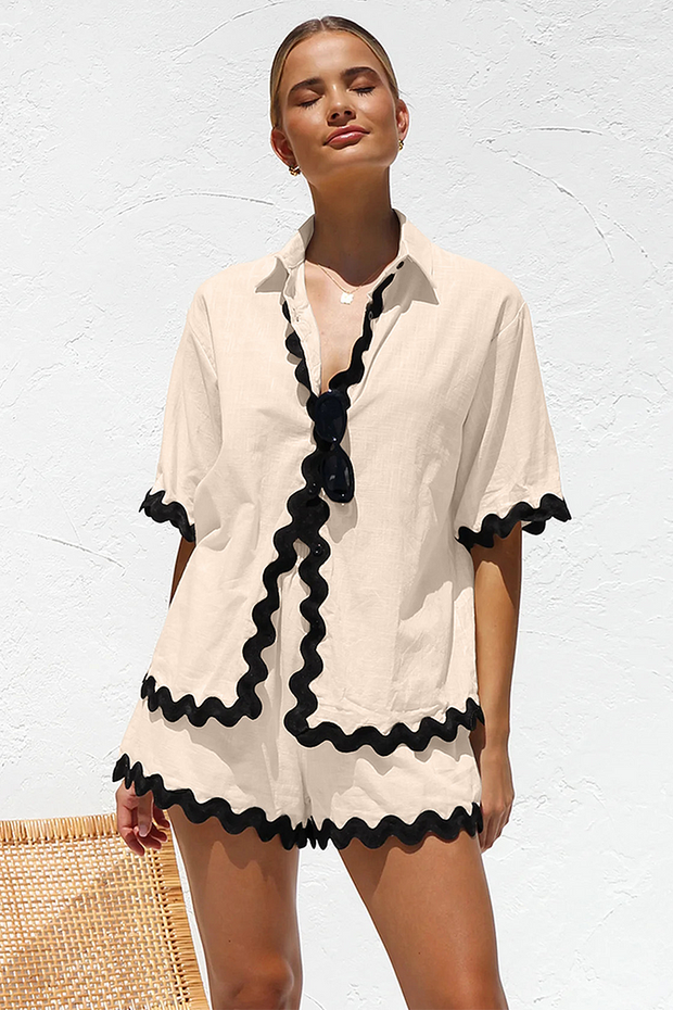 Colorblock Ripple Trim Short Sleeve Blouse Casual Shorts Matching Set