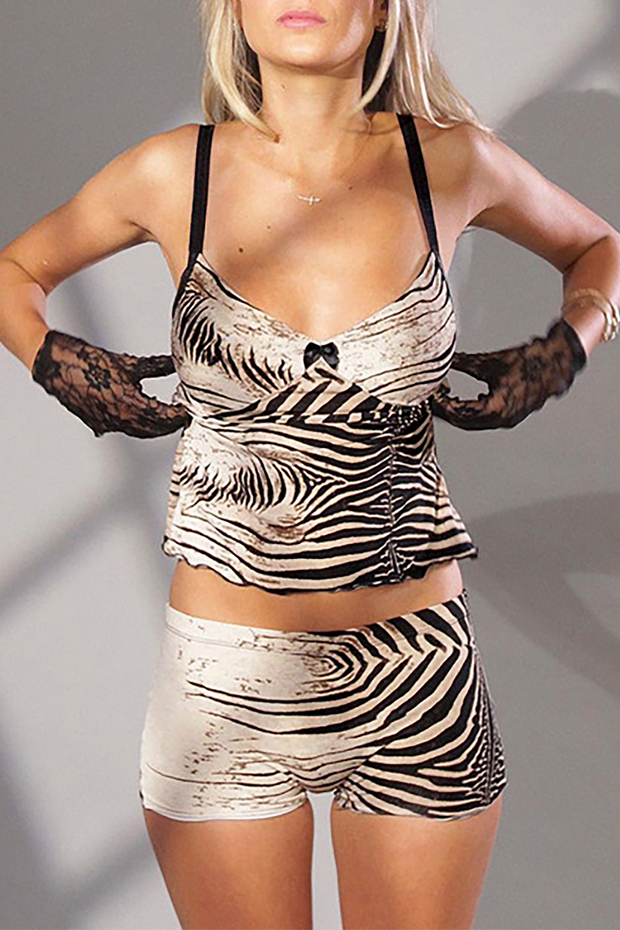 Zebra Print V Neck Cami Slim Fit Shorts Matching Set-Brown