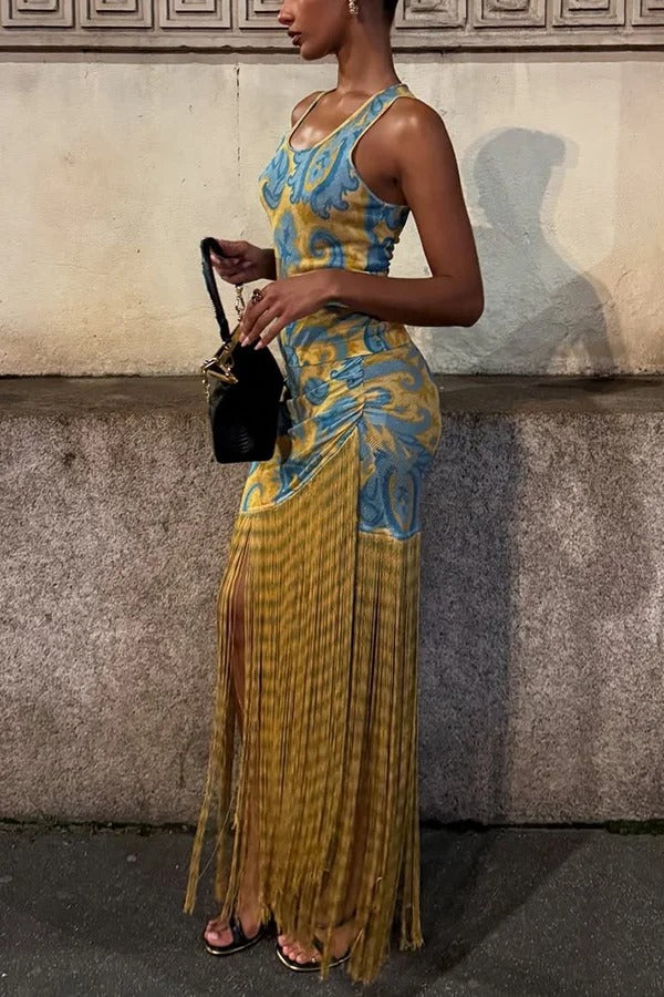 Unique Print Sleeveless Fitted Fringed Hem Maxi Dress