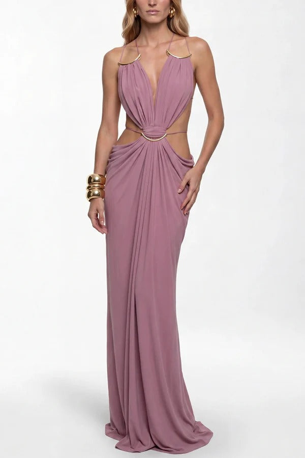 Athena Metal-Link Cutout Design Back Lace-up Drape Maxi Dress