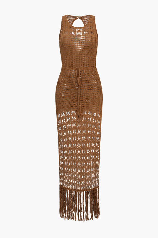 Häkelstrick-Überwurfkleid mit Quastensaum 