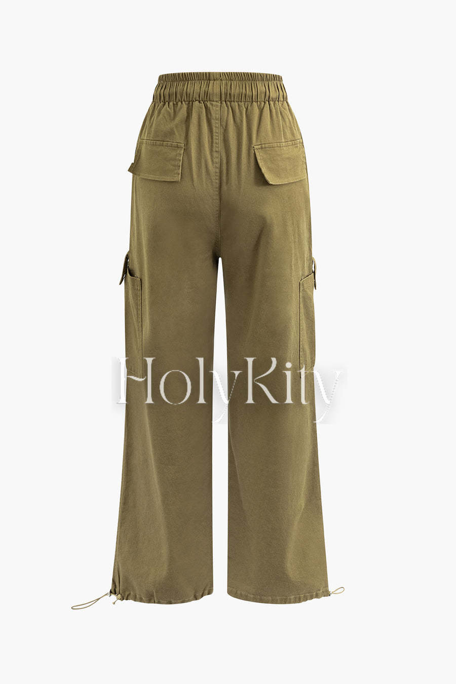 Pantalon droit taille haute à cordon de serrage et poches multiples 