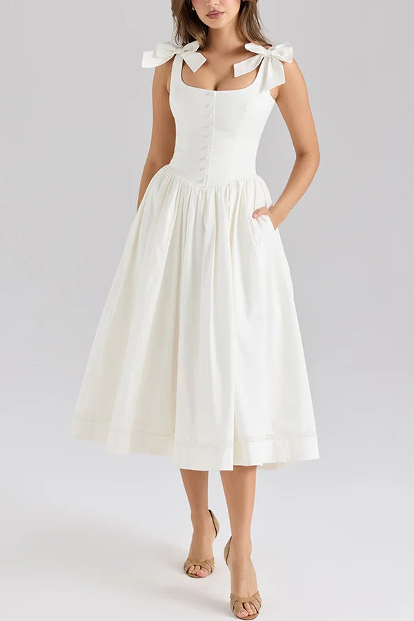 Real Darling Square Neck Cute Bows Straps Button Up Pocketed Midi Dress