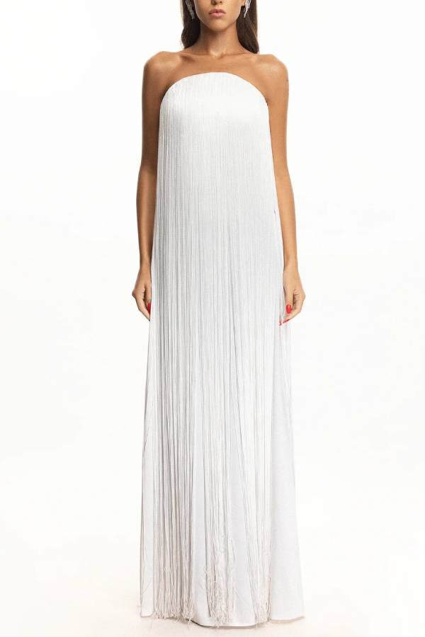 Strapless Long Fringe Evening Gown