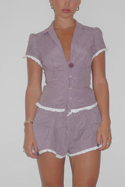 Frilled Trim Plaid Print V Neck Short Sleeve Blouse Shorts 2pcs Set