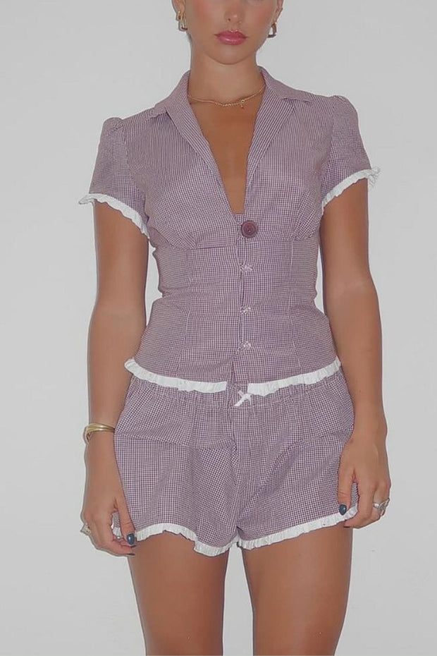 Frilled Trim Plaid Print V Neck Short Sleeve Blouse Shorts 2pcs Set