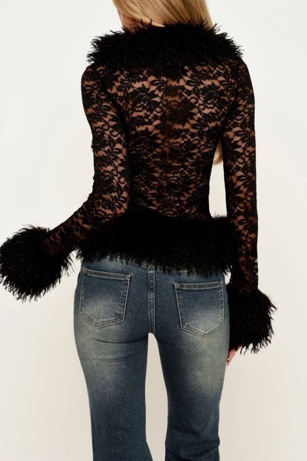 Black Faux Fur Trim Lace Blazer, Deep V Long Sleeve Sheer Lace Cropped Jacket