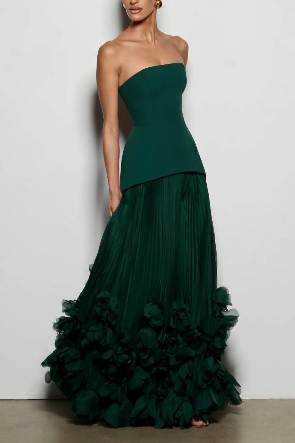 Serafina Strapless Back Lace-up Handcrafted Floral Appliqués Pleated Hem Gown Maxi Dress
