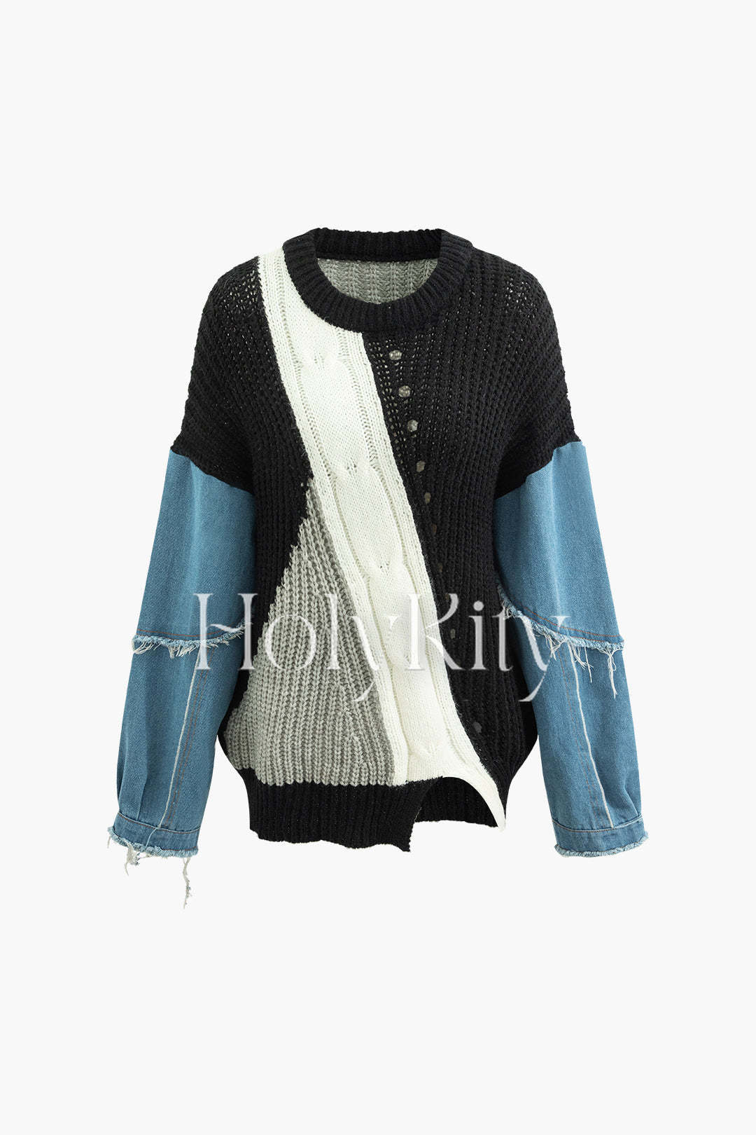 Pull col rond à coutures contrastées en denim 