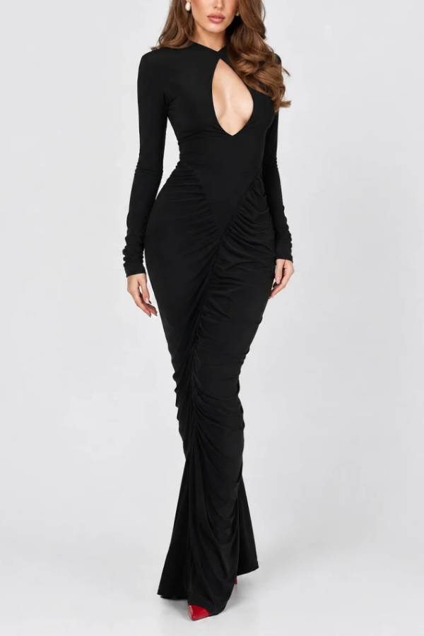Black Long Sleeve Cutout Front Ruched Fishtail Maxi Evening Dress