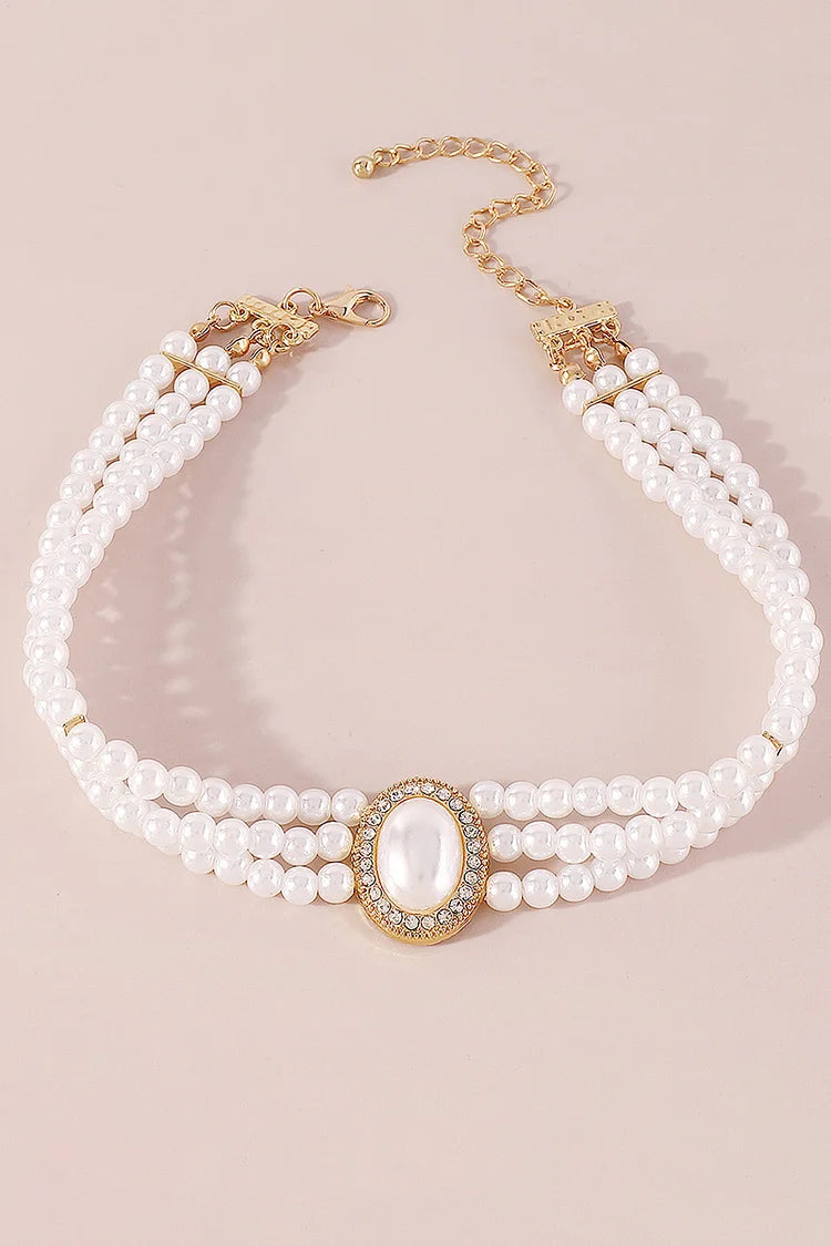 Elegant Layered Pearl Rhinestone Alloy Necklace