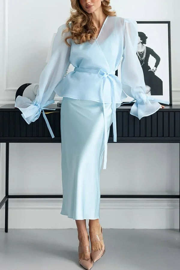 Graceful Party Tulle Knotted Long Sleeve Kimono Top and Satin Slip Midi Dress Set