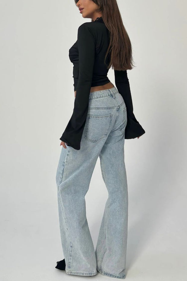 Lace Trim Deep V Neck Long Sleeve Top