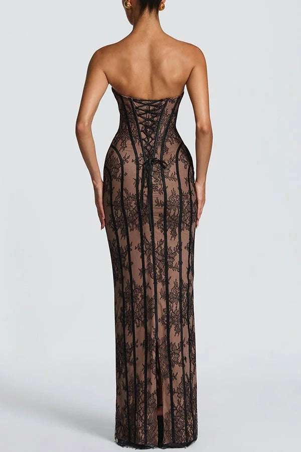 Sian Floral Lace Contrast Structural Detail Back Lace-up Strapless Slit Maxi Dress