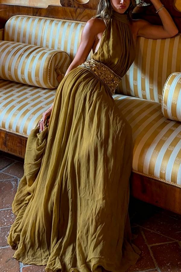 Kreeli Lightweight Tulle High Tie-up Neck Beaded Embellishment Waist Backless Slit Maxi Dress