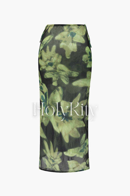 Jupe midi droite à imprimé floral 