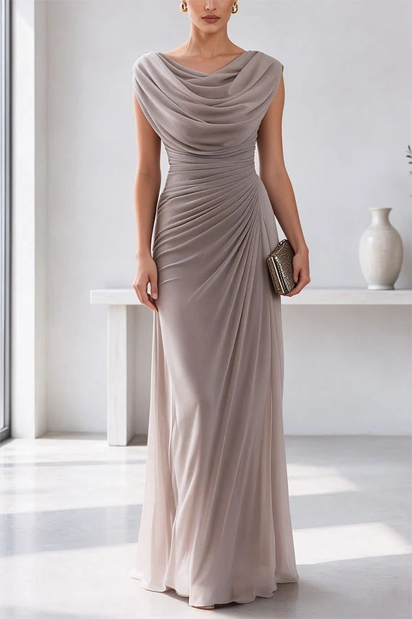 Good To Glow Ruched Chiffon Cowl Neck Drape Maxi Dress
