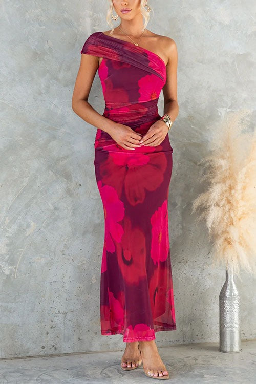 One Shoulder Floral Print Mesh Bodycon Maxi Dress