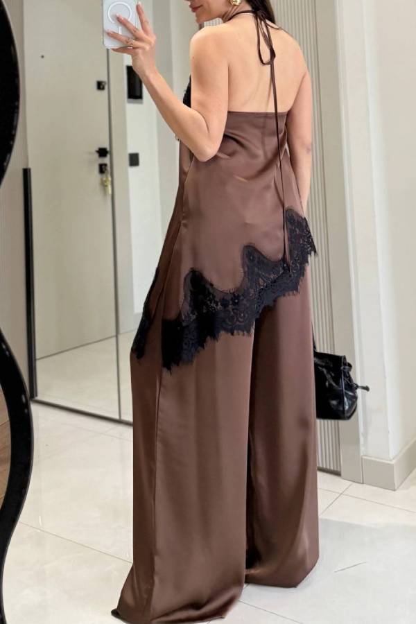 Satin and Lace Halter-Neck Wide-Leg Pants Set