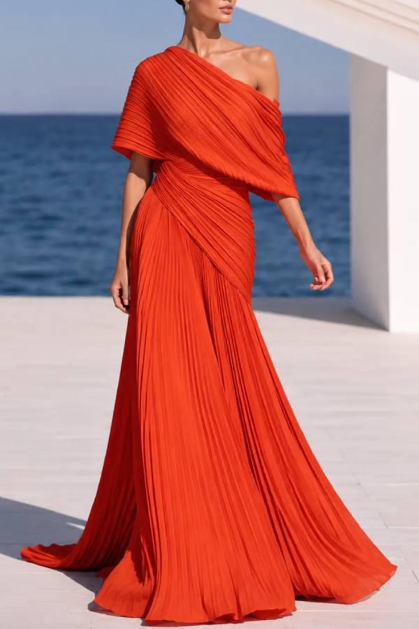 Grecian Gown Pleated One Shoulder Twist Waist Drape Maxi Dress