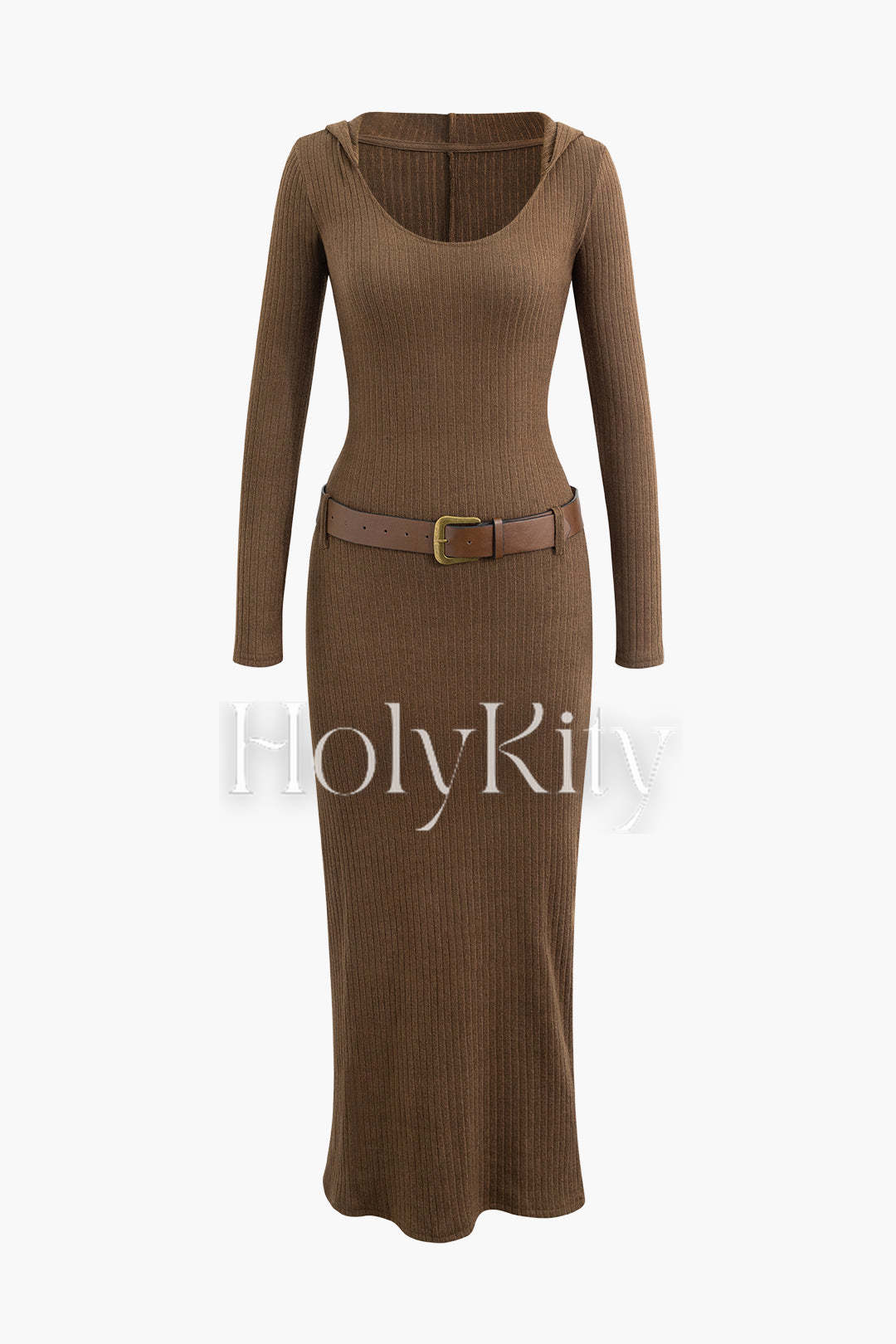 Langärmliges Maxikleid aus Strick mit Kapuze, Gürtel und Schlitz 