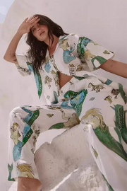 Drawing Print Half Sleeve Blouse Wide Leg Pants Matching Set