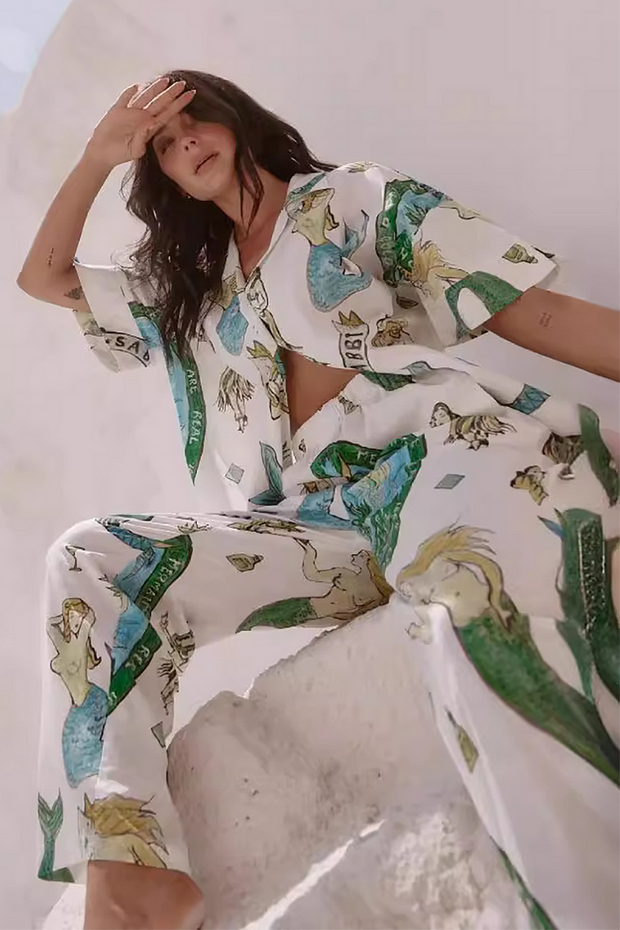 Drawing Print Half Sleeve Blouse Wide Leg Pants Matching Set