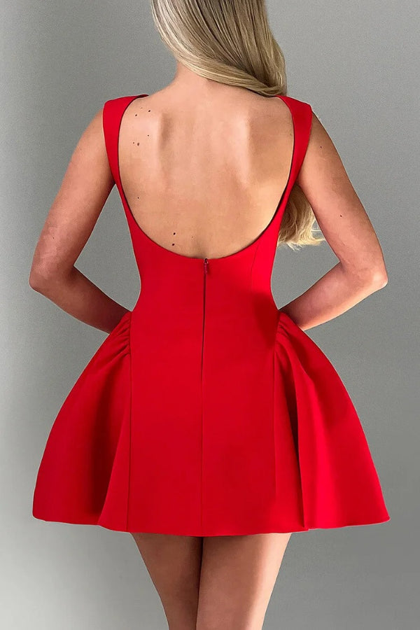 Solid Color Cinch Waist Open Back Mini Tank Dresses-Red