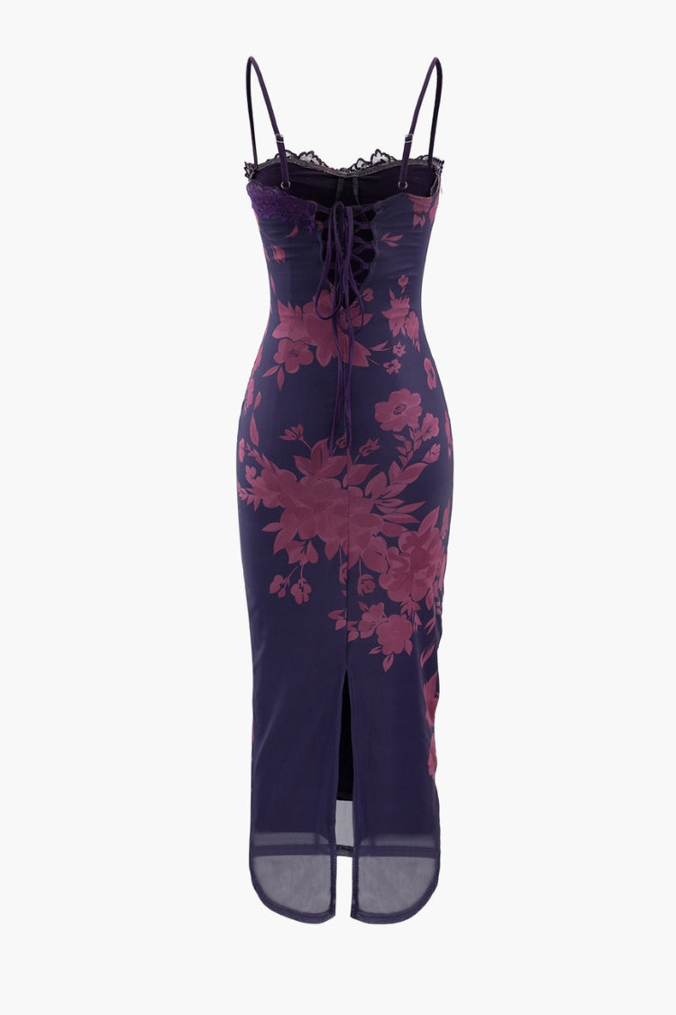 Maxikleid mit Blumendruck und Spitzenbesatz und Schlitz 