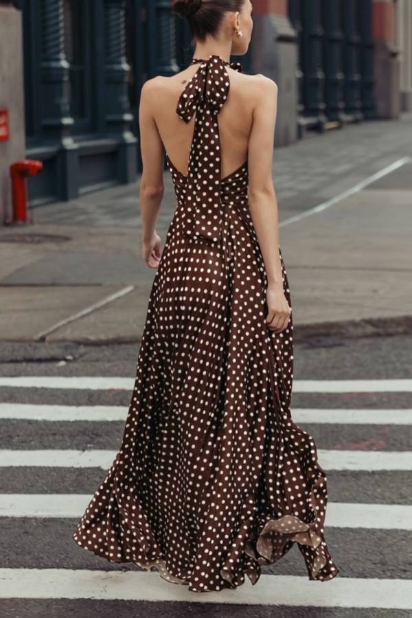 Brown halter-neck maxi dress with polka dots and 3D floral details