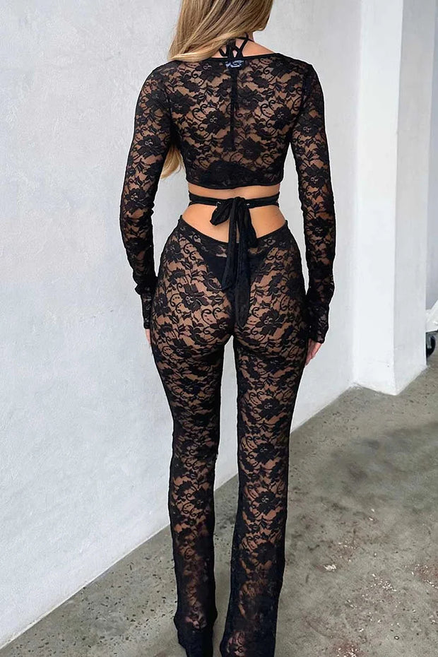 Lace See Through Crop Shrug Halter Irregular Tied Up Party Jumpsuit Set
