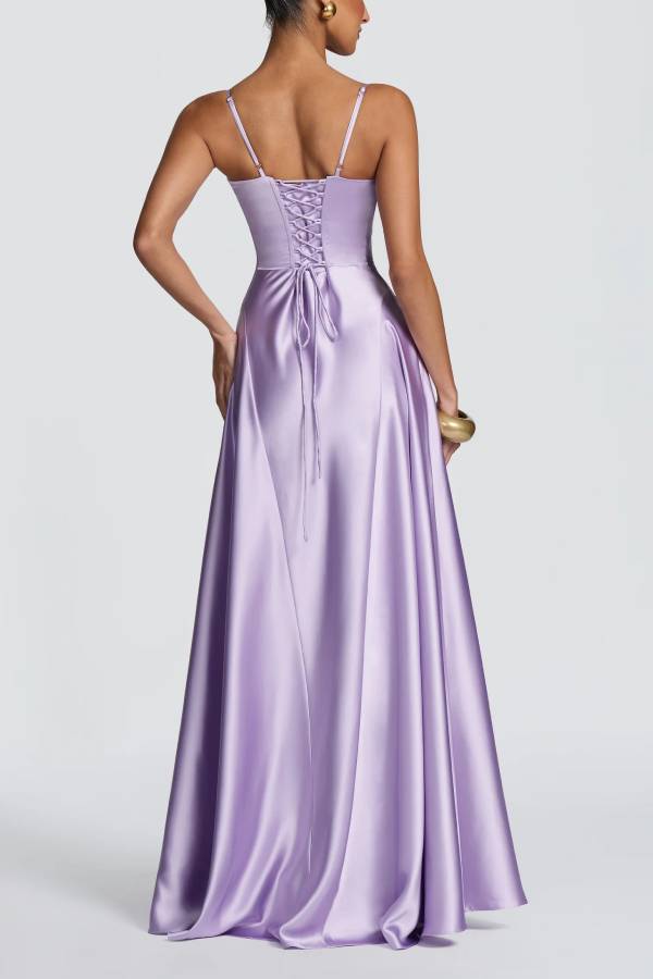 Asterin Satin V-neck Back Lace-up Slip Flare Maxi Dress