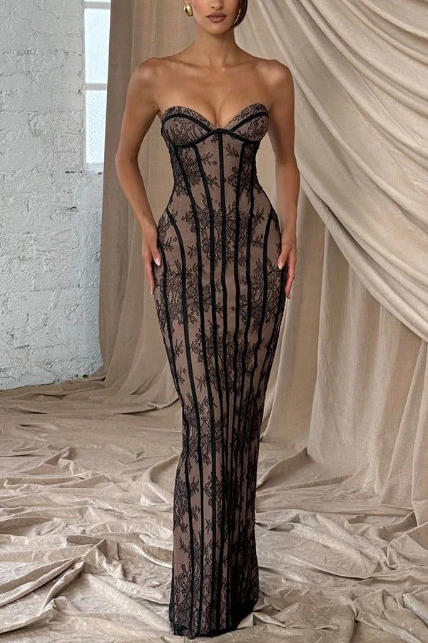 Sian Floral Lace Contrast Structural Detail Back Lace-up Strapless Slit Maxi Dress