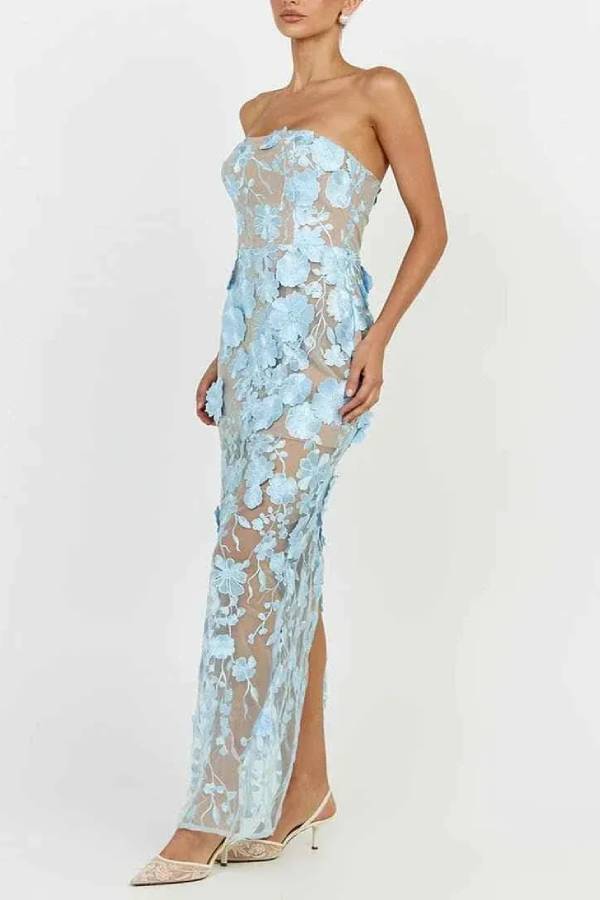 Sienna Floral Embroidered Fabric Off Shoulder Mermaid Silhouette Slit Maxi Dress