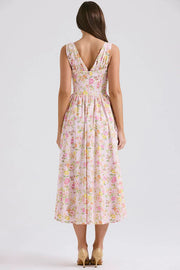 Sleeveless V Neck Cinch Waist Floral Print Midi Dresses