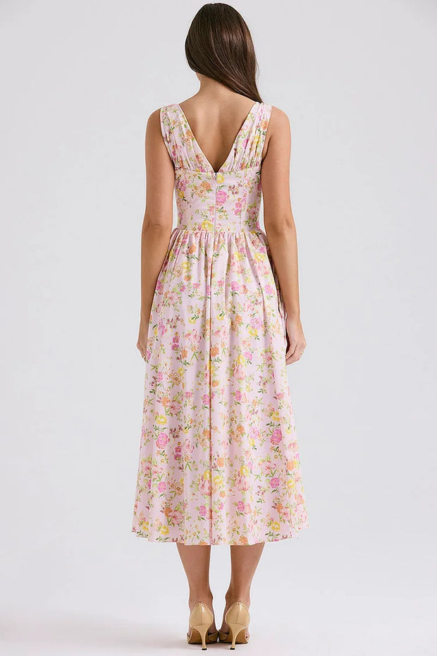 Sleeveless V Neck Cinch Waist Floral Print Midi Dresses