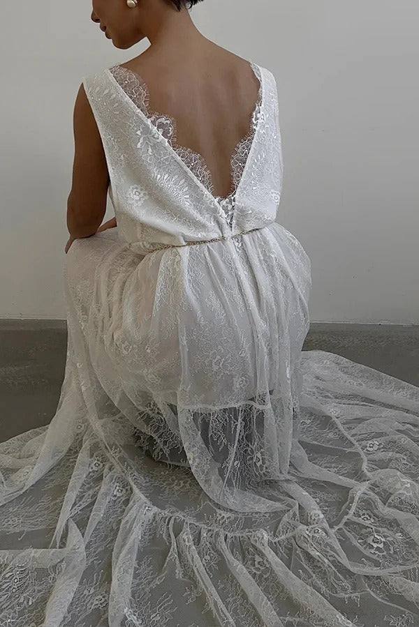 Fashionable Sheer Lace V-neck Backless Elegant Maxi Dress